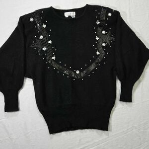 Chic Black Sweater with Pearl Ascents Wool & Rabbit Hair And Genuine Snake Skin